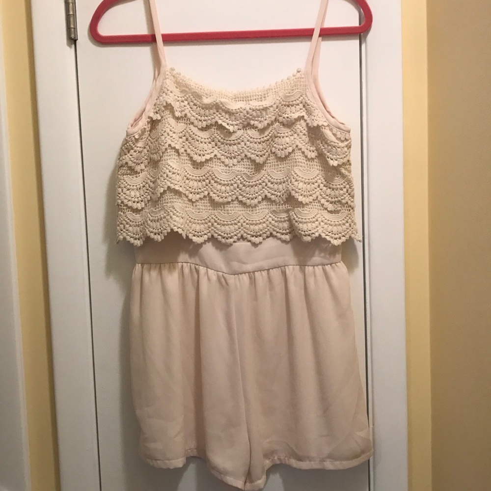 Cream Romper with Foldover Lace Top
